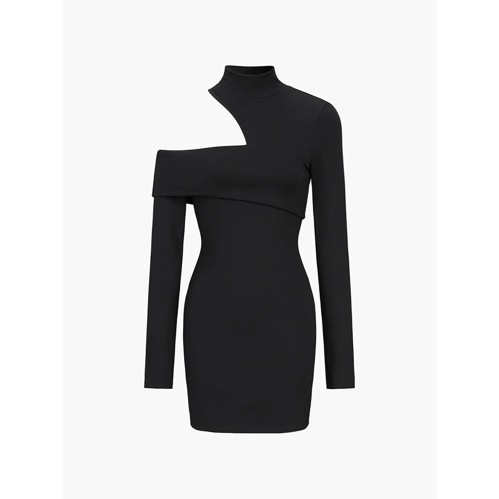 Commense Chic Mock Neck Oblique Cutout Rib Long Sleeve Short Dress Size M NWT - Picture 3 of 11